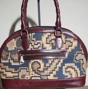 Patricia Nash Woven Navy and Tan Dome Tote with Burgundy Trim